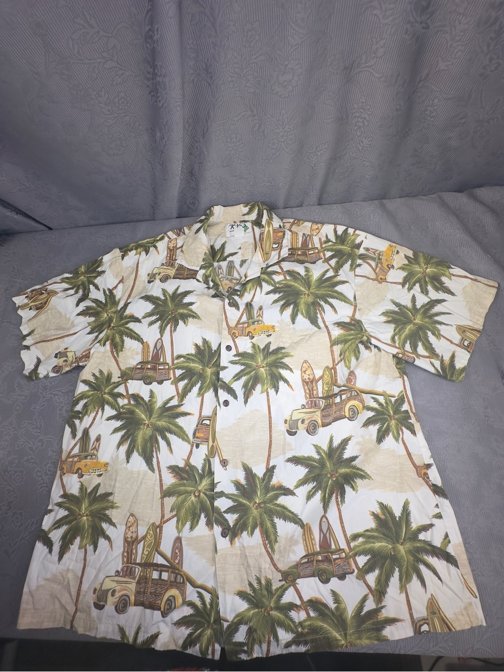 KY'S 2XL Surf Woody Cars Palm Trees Made Hawaii Button Up Vintage 56” Chest